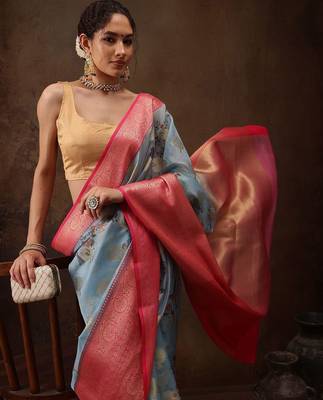 Blue woven art silk traditional saree with blouse piece 4