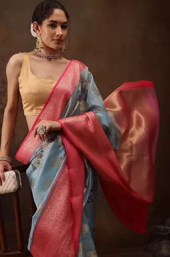 Blue woven art silk traditional saree with blouse piece