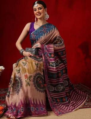 Peach printed cotton blend ethnic saree with blouse piece 4