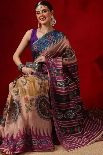 Peach printed cotton blend ethnic saree with blouse piece