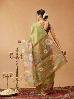 Olive printed silk cotton ethnic saree with blouse piece 3