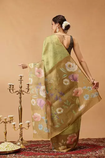 Olive printed silk cotton ethnic saree with blouse piece