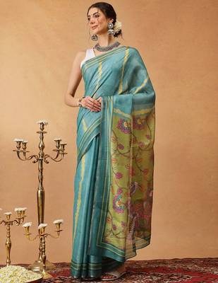 Teal printed silk cotton ethnic saree with blouse piece 2