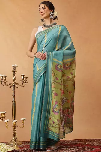 Teal printed silk cotton ethnic saree with blouse piece