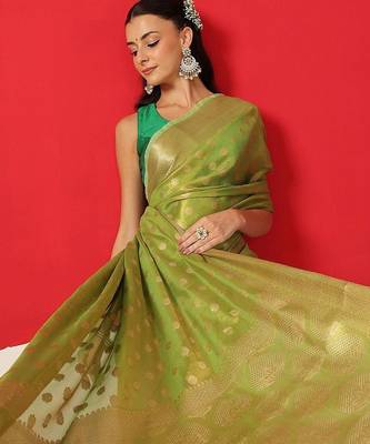 Lime woven tissue party wear saree with blouse piece 3