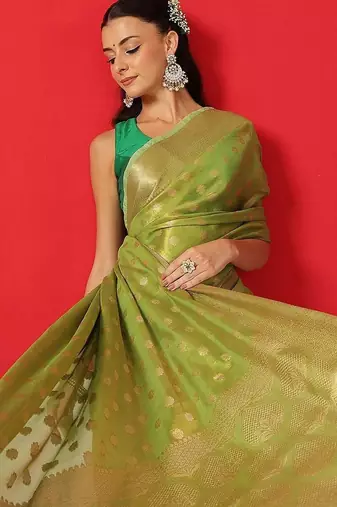 Lime woven tissue party wear saree with blouse piece