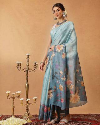 Blue printed silk cotton ethnic saree with blouse piece 2