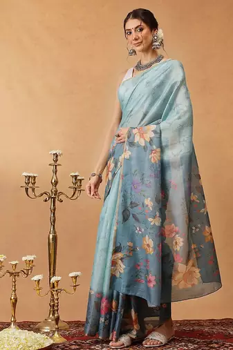 Blue printed silk cotton ethnic saree with blouse piece