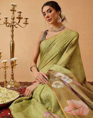 Olive printed silk cotton ethnic saree with blouse piece 4