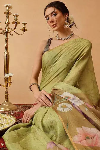 Olive printed silk cotton ethnic saree with blouse piece