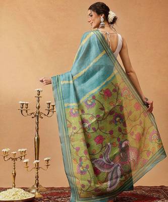 Teal printed silk cotton ethnic saree with blouse piece 3