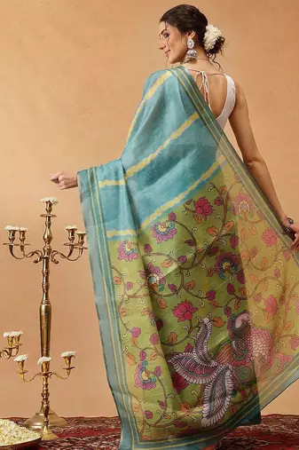 Teal printed silk cotton ethnic saree with blouse piece