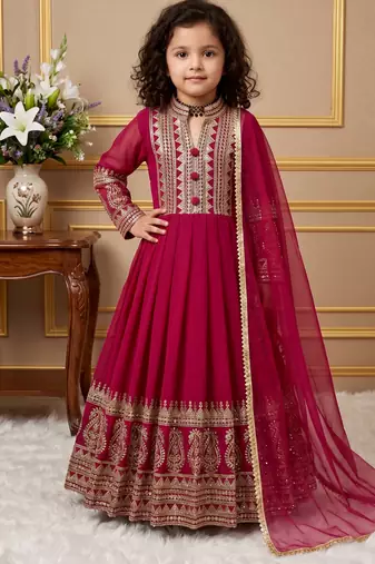 Dark pink heavy fox georgette gown set with embroidery sequence work - designer party wear