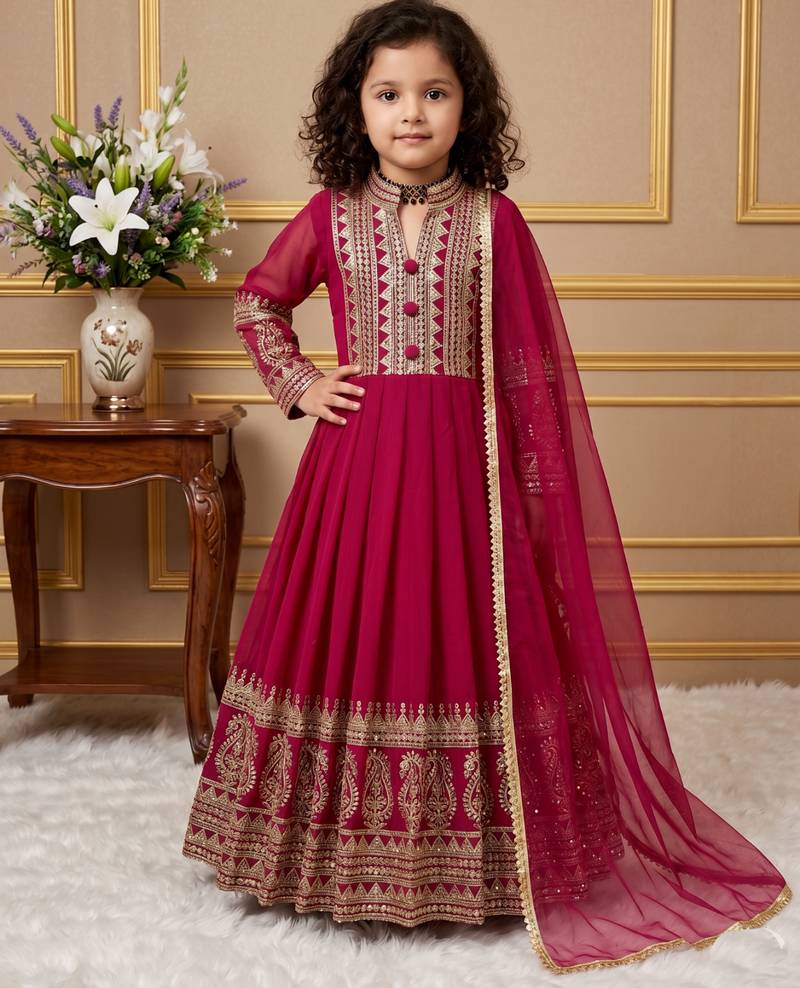 Dark pink heavy fox georgette gown set with embroidery sequence work - designer party wear