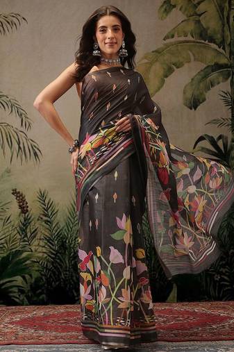 Black printed silk cotton ethnic saree with blouse piece