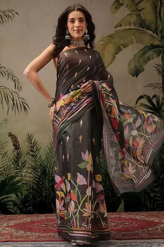 Black printed silk cotton ethnic saree with blouse piece