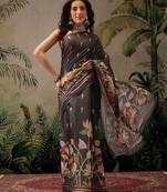 Black printed silk cotton ethnic saree with blouse piece