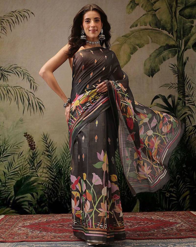Black printed silk cotton ethnic saree with blouse piece