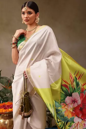 White printed silk blend ethnic saree with blouse piece
