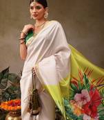 White printed silk blend ethnic saree with blouse piece