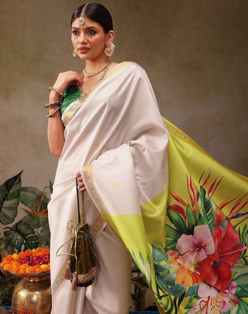 White printed silk blend ethnic saree with blouse piece