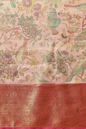 Pink printed silk blend ethnic saree with blouse piece