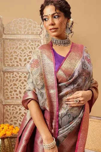 Lavender printed silk blend ethnic saree with blouse piece