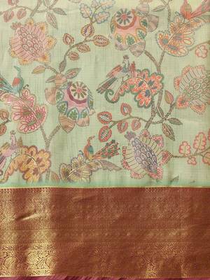 Green printed silk blend ethnic saree with blouse piece 5