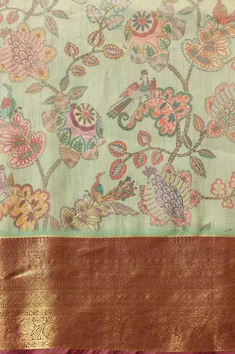 Green printed silk blend ethnic saree with blouse piece