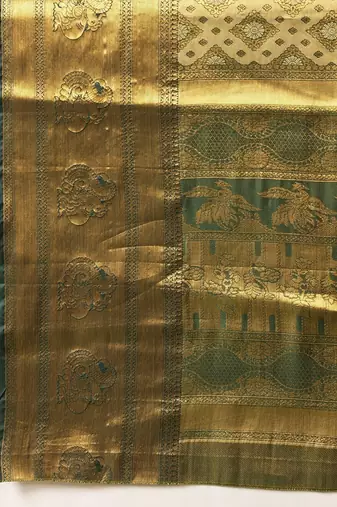 Golden woven silk blend ethnic saree with blouse piece