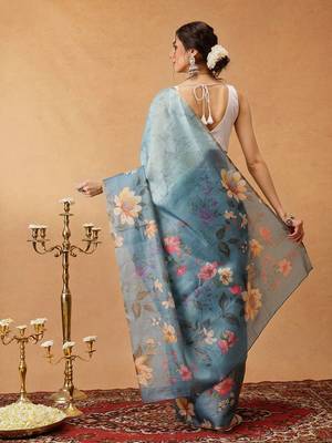 Blue printed silk cotton ethnic saree with blouse piece 3