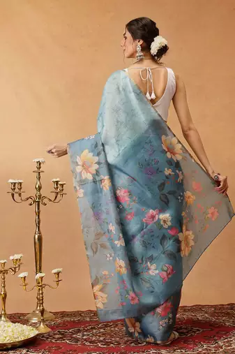 Blue printed silk cotton ethnic saree with blouse piece