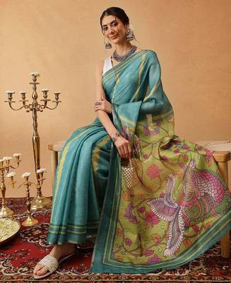 Teal printed silk cotton ethnic saree with blouse piece 4