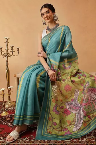 Teal printed silk cotton ethnic saree with blouse piece