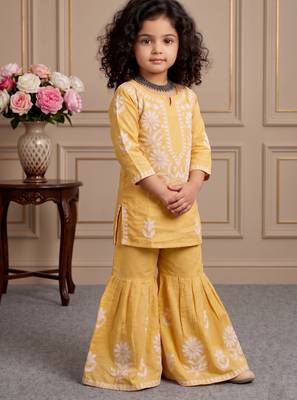 yellow heavy rayon cotton ethnic wear set with embroidery work - designer party wear 3