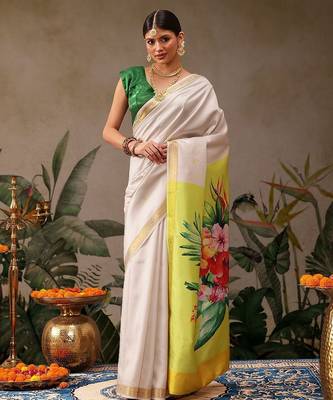 off white zari work floral printed saree 2