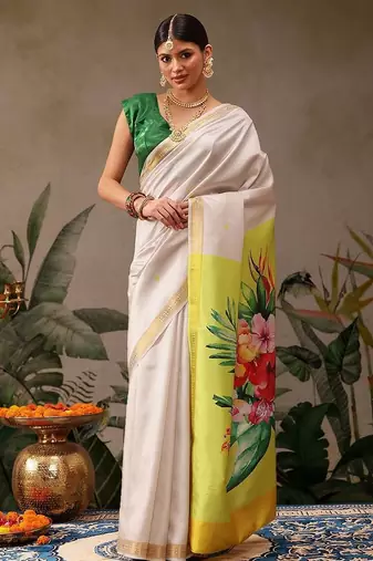 White printed silk blend ethnic saree with blouse piece
