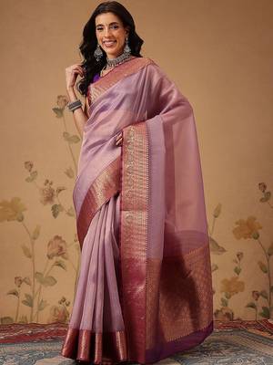 Lavender zari tissue traditional saree with blouse piece 1