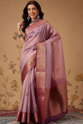 Lavender zari tissue traditional saree with blouse piece