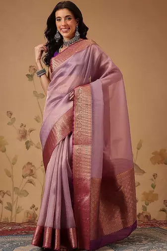 Lavender zari tissue traditional saree with blouse piece