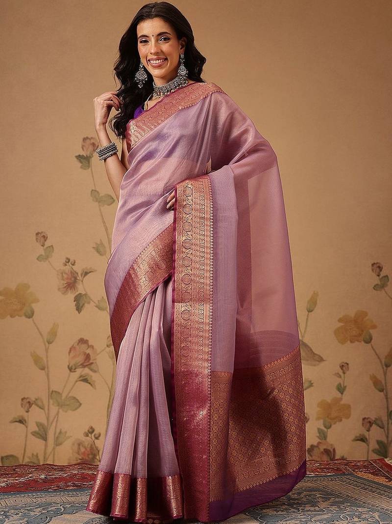 Lavender zari tissue traditional saree with blouse piece