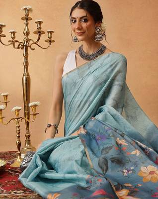 Blue printed silk cotton ethnic saree with blouse piece 4