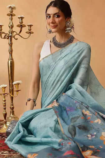 Blue printed silk cotton ethnic saree with blouse piece