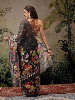 Black printed silk cotton ethnic saree with blouse piece 2