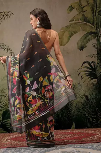 Black printed silk cotton ethnic saree with blouse piece