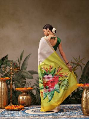 off white zari work floral printed saree 3