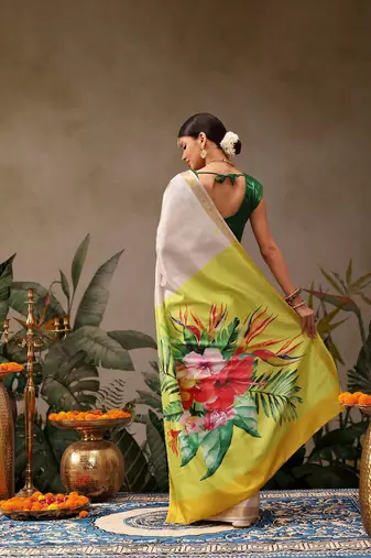 White printed silk blend ethnic saree with blouse piece