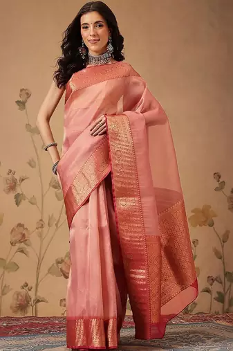 Pink woven tissue party wear saree with blouse piece