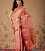 Pink woven tissue party wear saree with blouse piece