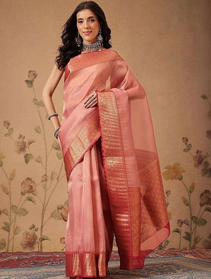 Pink woven tissue party wear saree with blouse piece